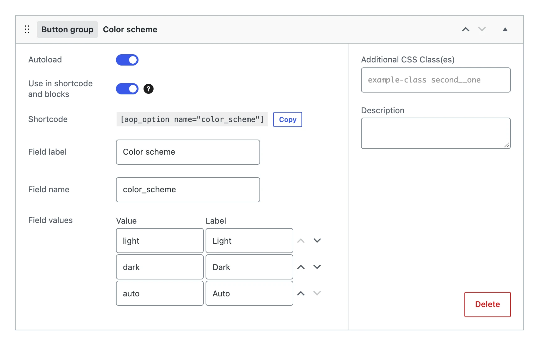 A button group in the editor, with Light, Dark and Auto as field values