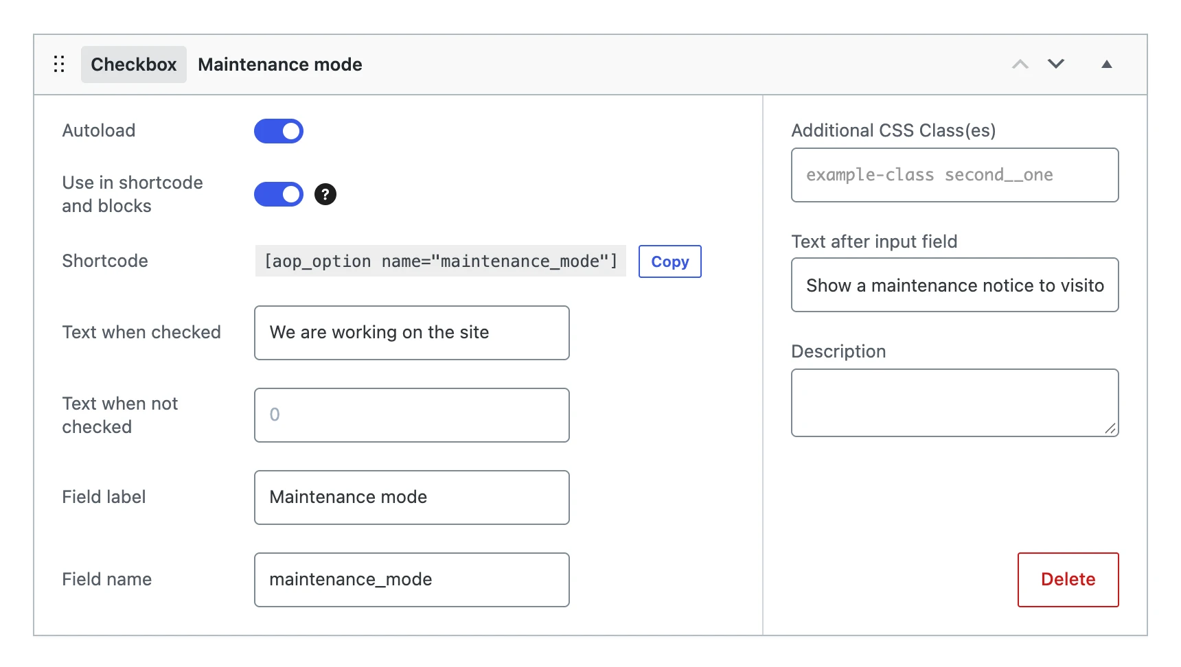 A checkbox in the editor, with the texts for checked and not checked