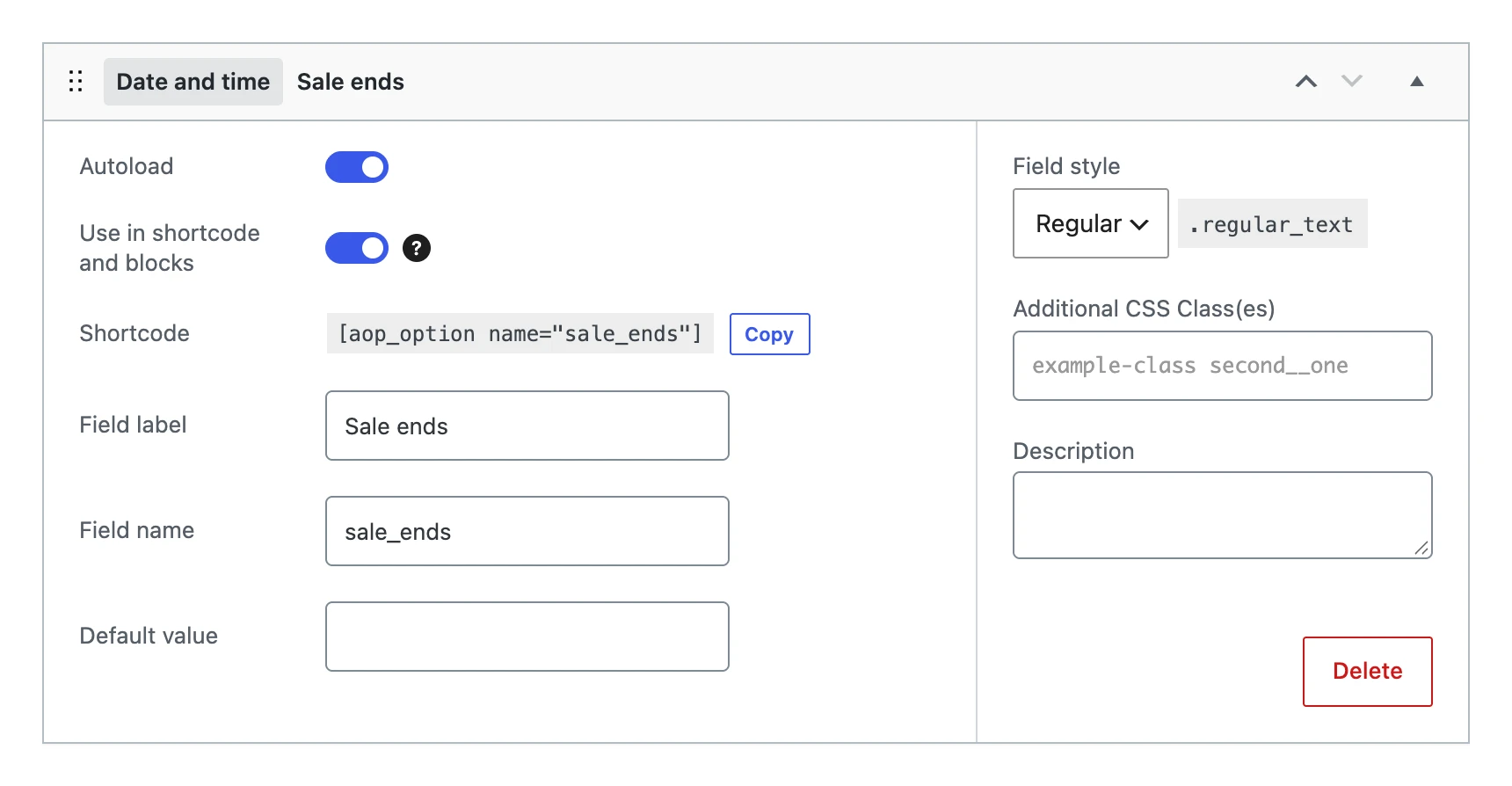 A date and time field in the editor, with its default value and field style