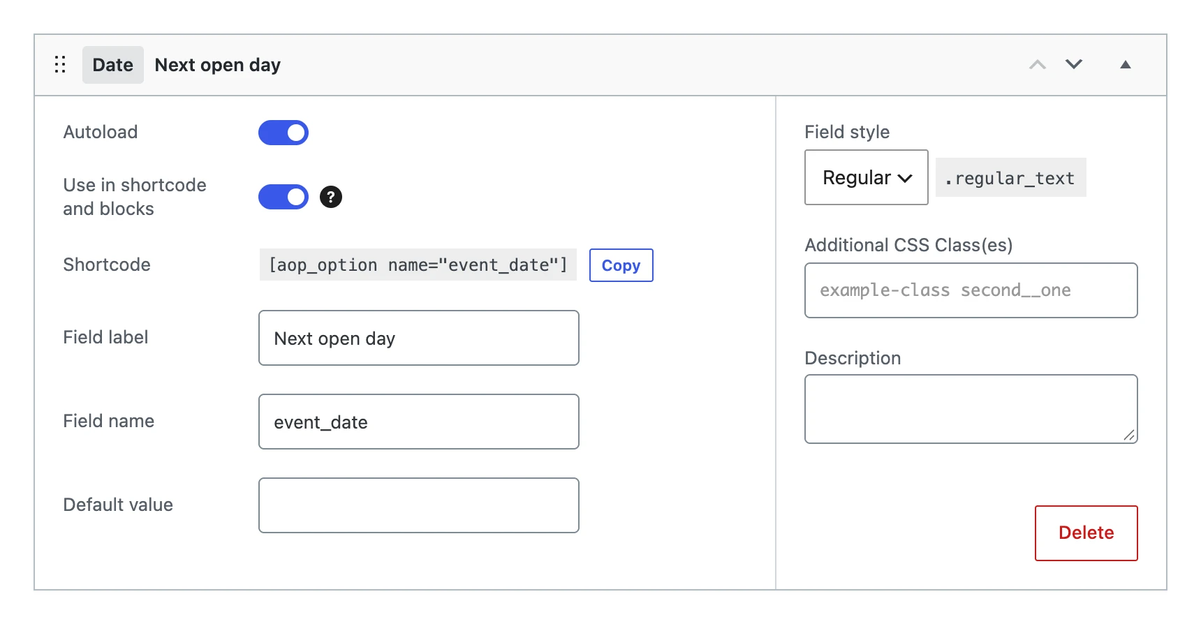 A date field in the editor, with its default value and field style
