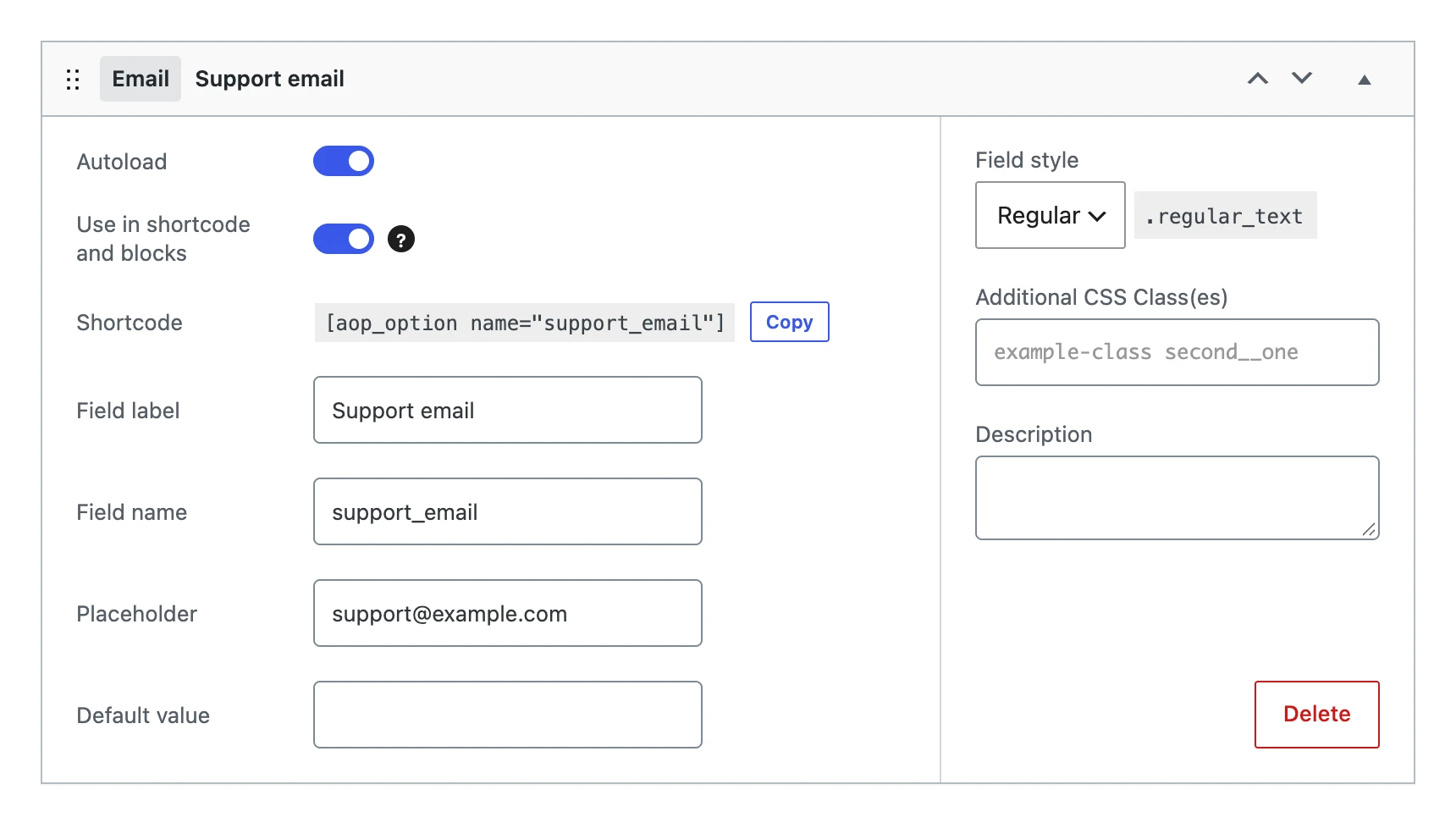 An email field in the editor, with its placeholder and field style