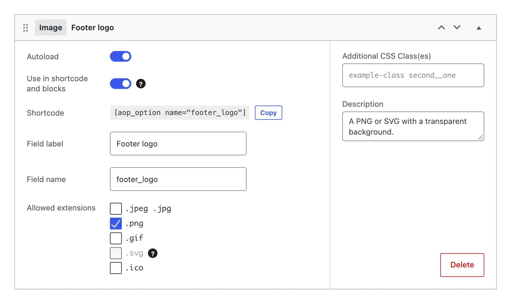 An image field in the editor, with .png and .svg as allowed extensions