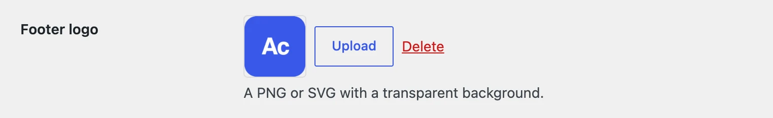 The image field on the options page, with a logo, an Upload button and a Delete link