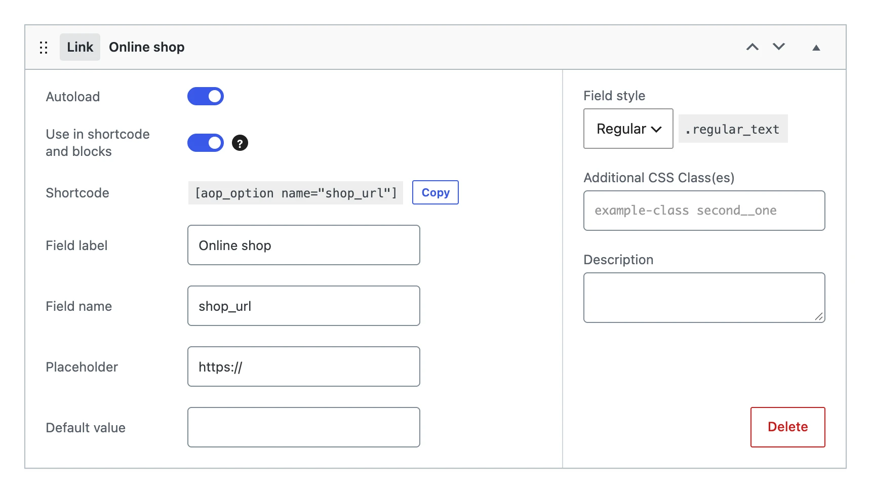 A link field in the editor, with its placeholder and field style