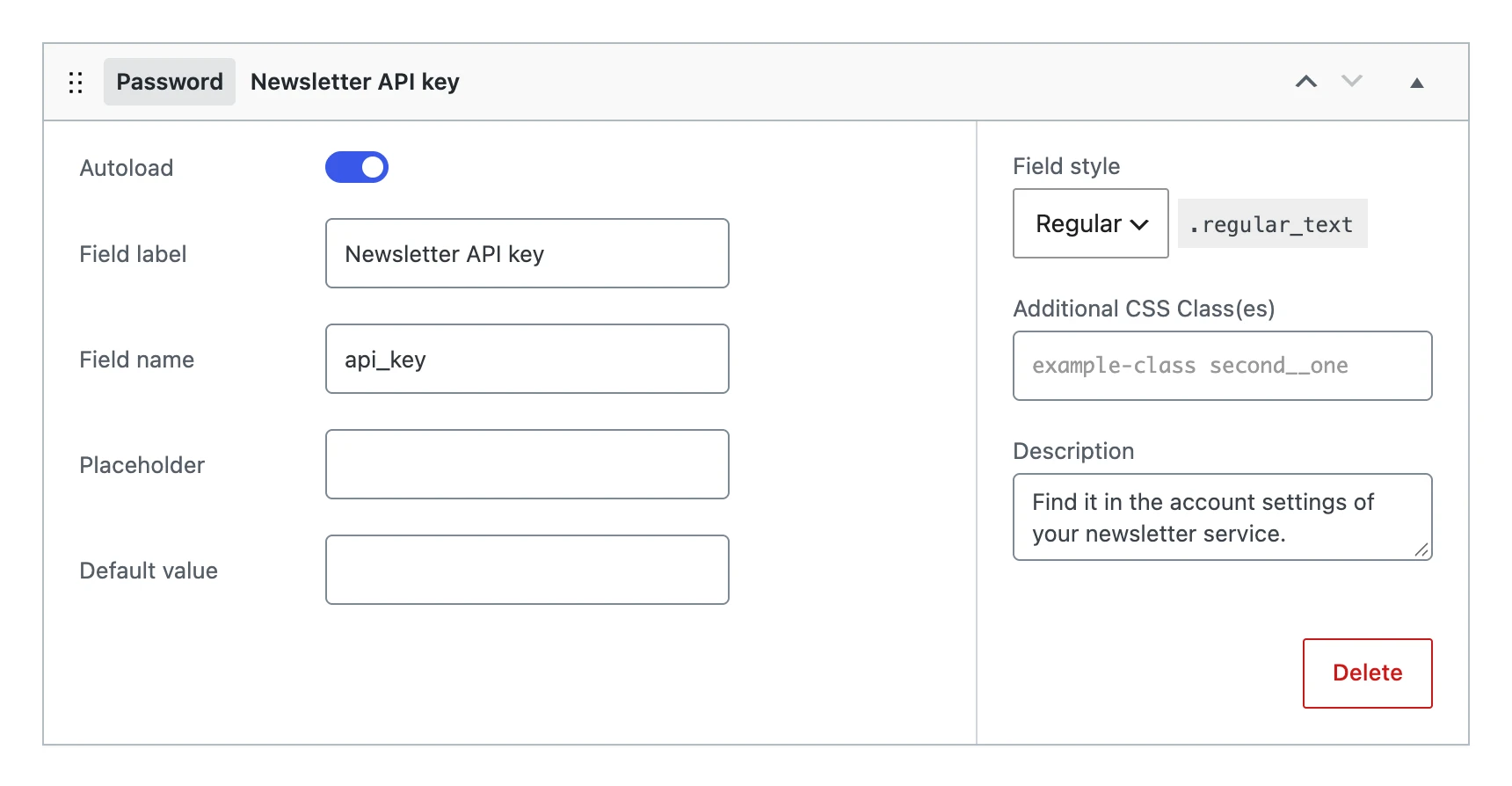 A password field in the editor; it has no Use in shortcode and blocks setting