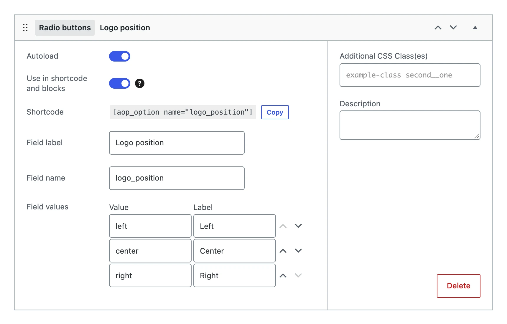 Radio buttons in the editor, with three field values: Left, Center and Right