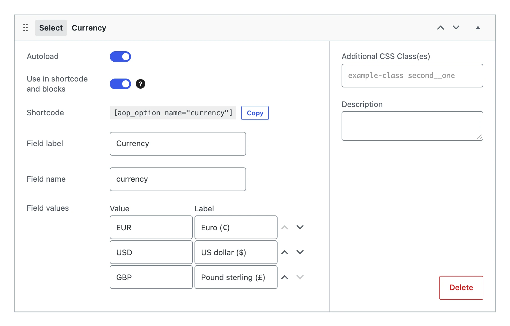 A select field in the editor, with three currencies as field values
