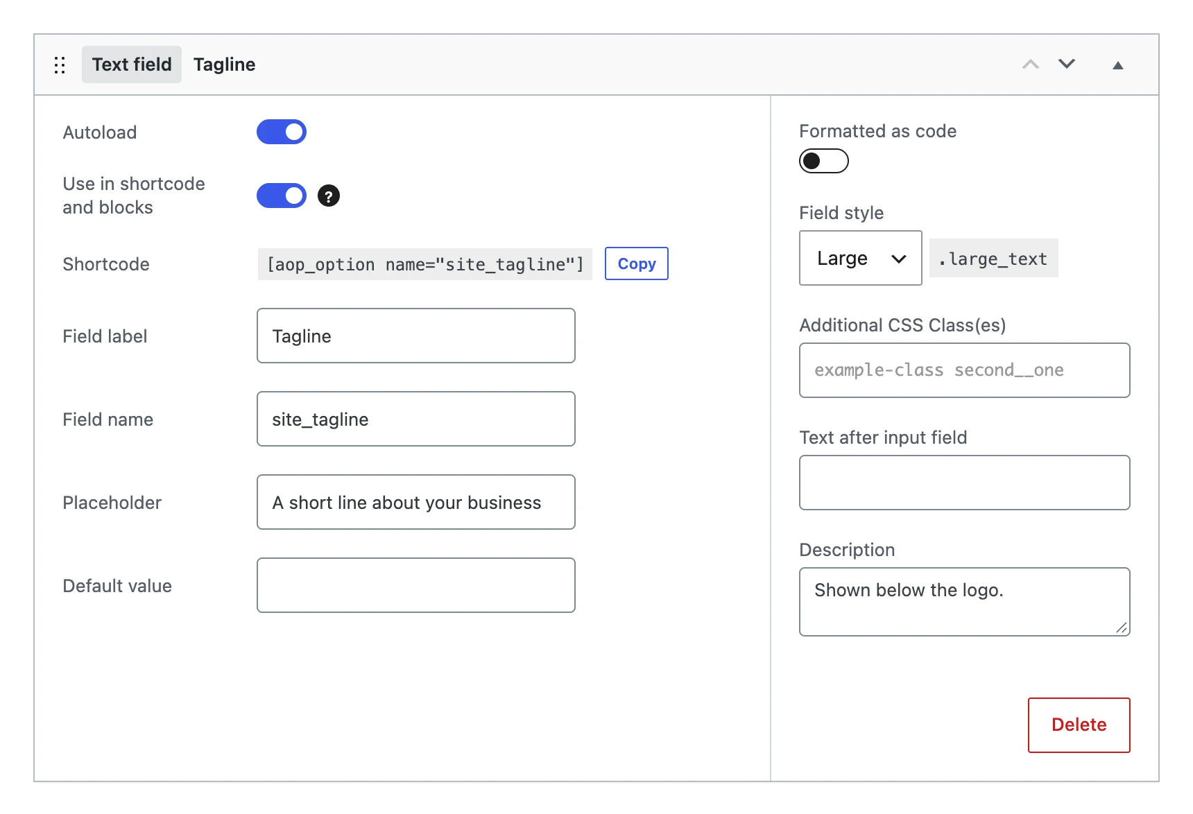 A text field in the editor, with its label, field name, placeholder and field style