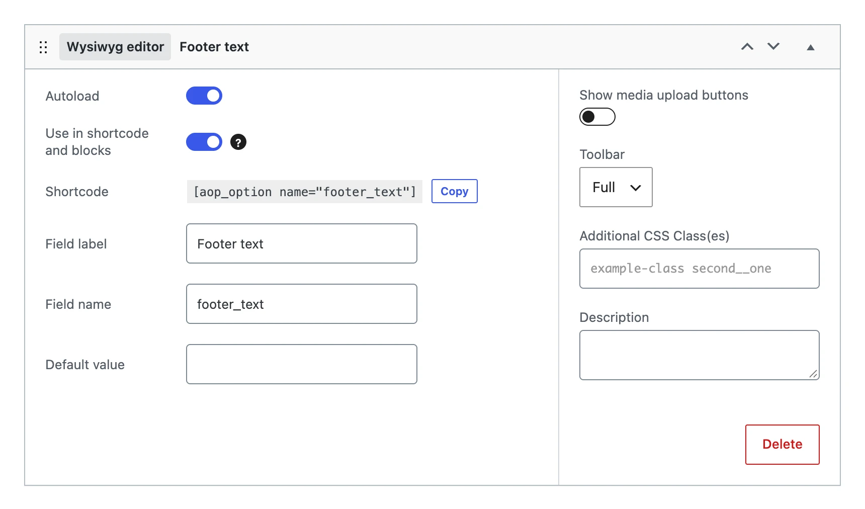 A wysiwyg editor field in the editor, with its toolbar setting and the media upload buttons switch