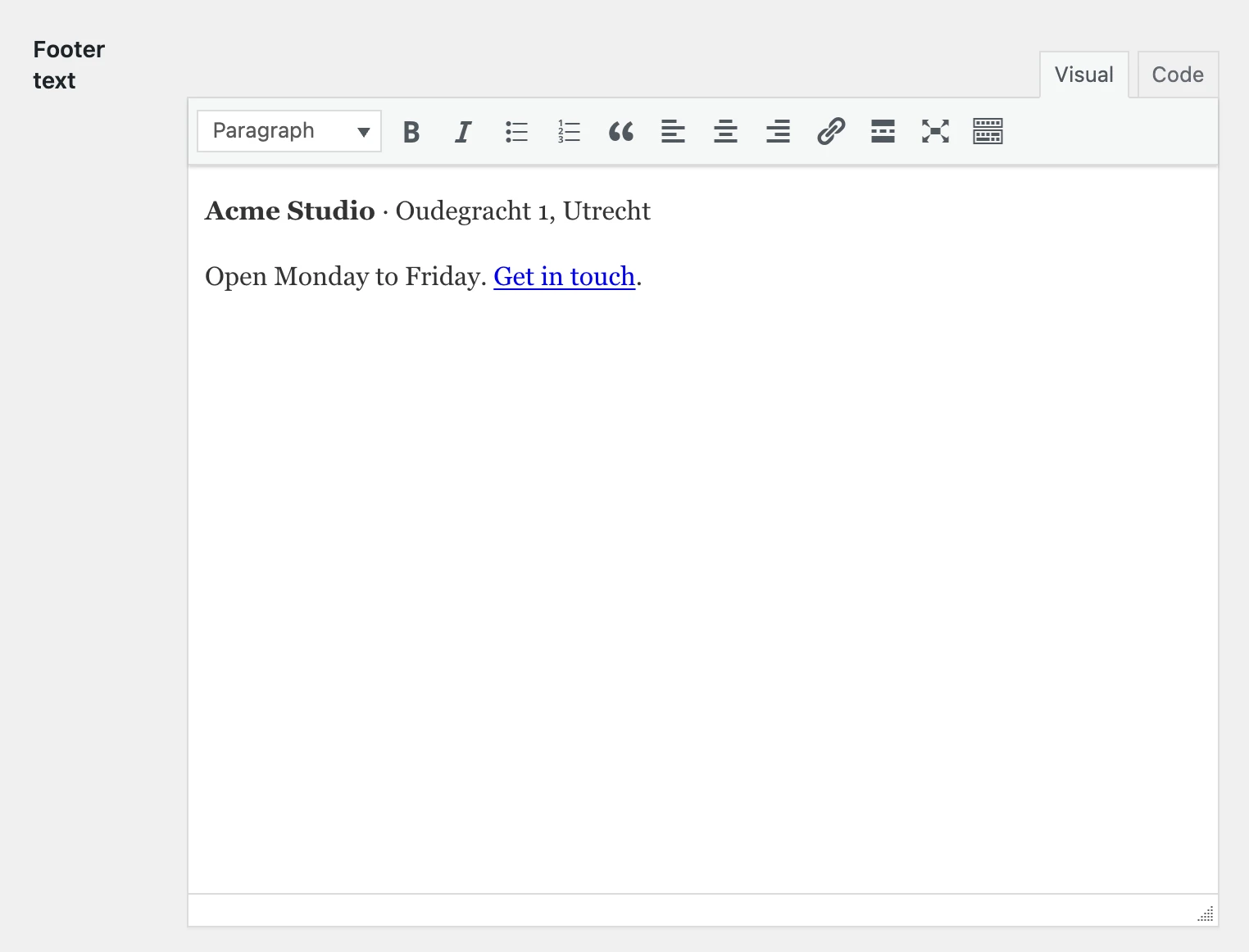 The wysiwyg editor on the options page, with bold text and a link