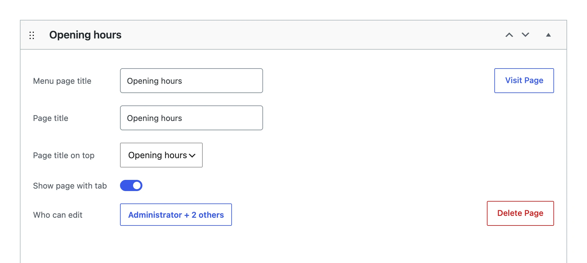 The settings of a page, where Who can edit shows Administrator + 2 others