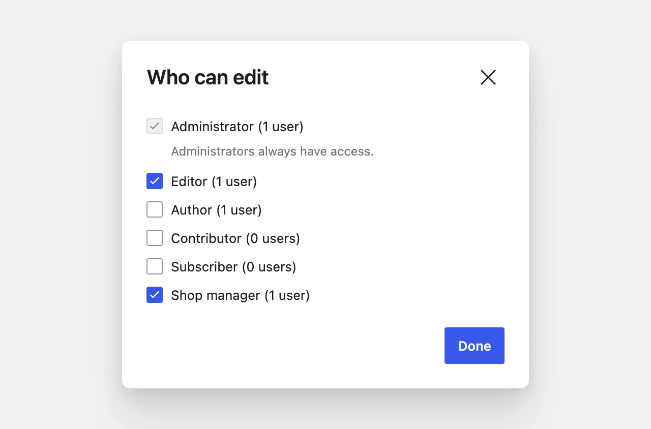 The dialog Who can edit with Editor and Shop manager checked, and Administrator always checked