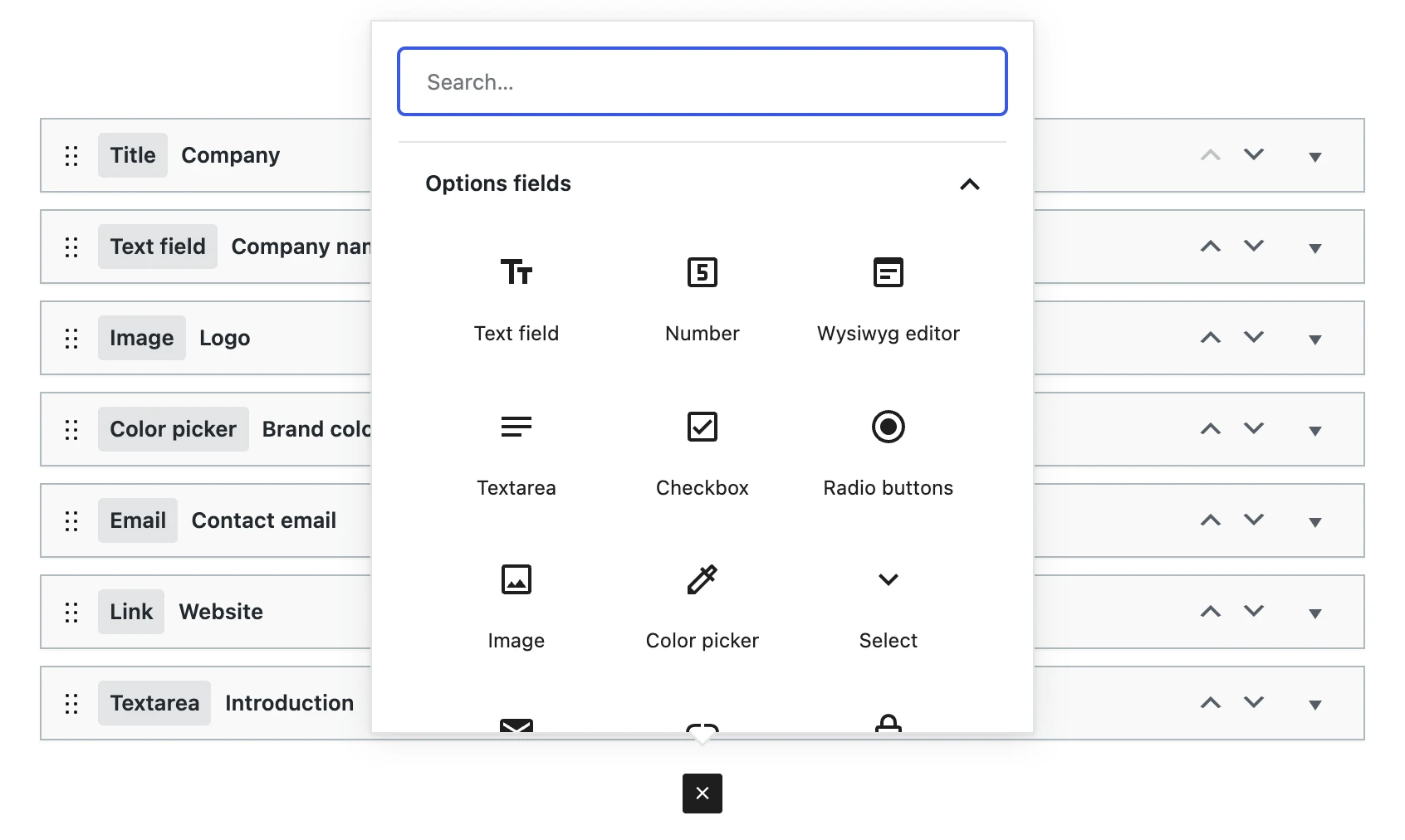 The field picker of the editor, with field types like Text field, Number, Image and Color picker