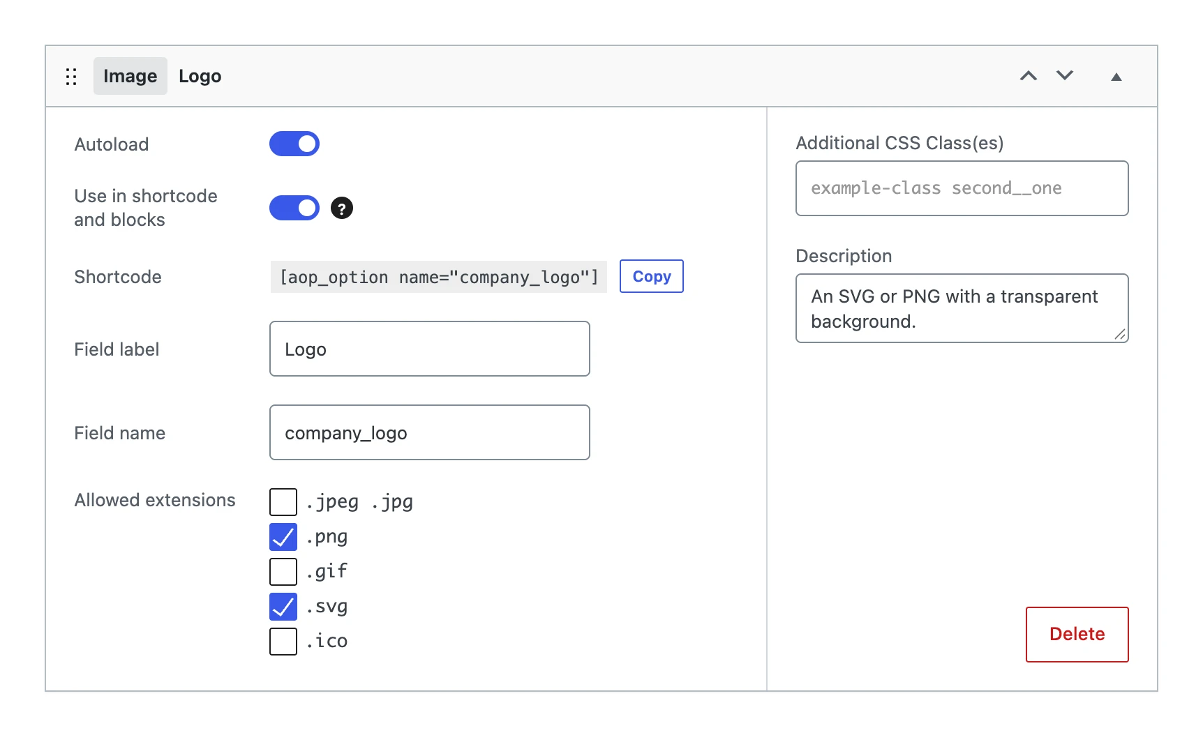 The settings of an image field: autoload, shortcode, option name and the allowed image types