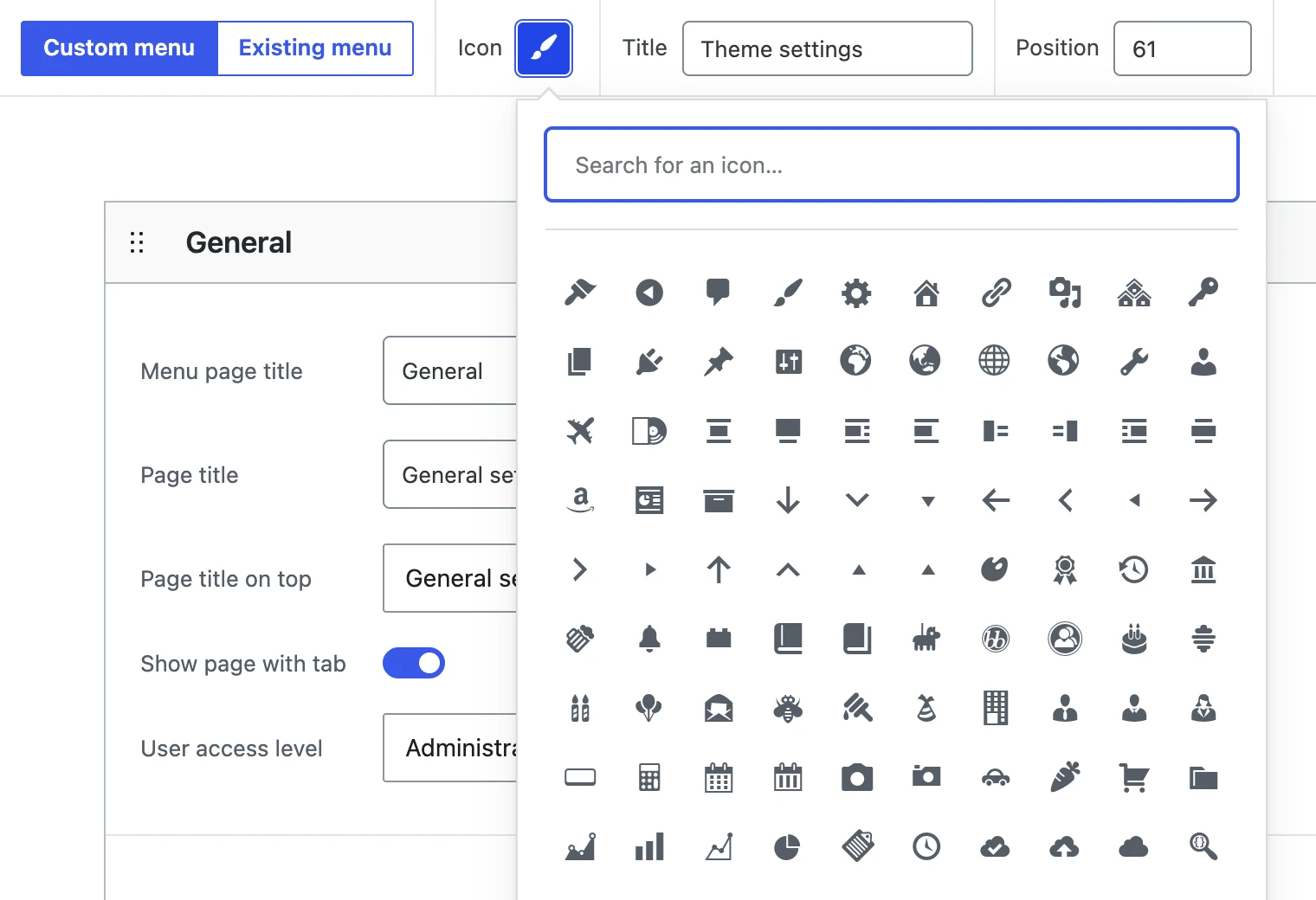 The menu settings of the editor with the icon picker open