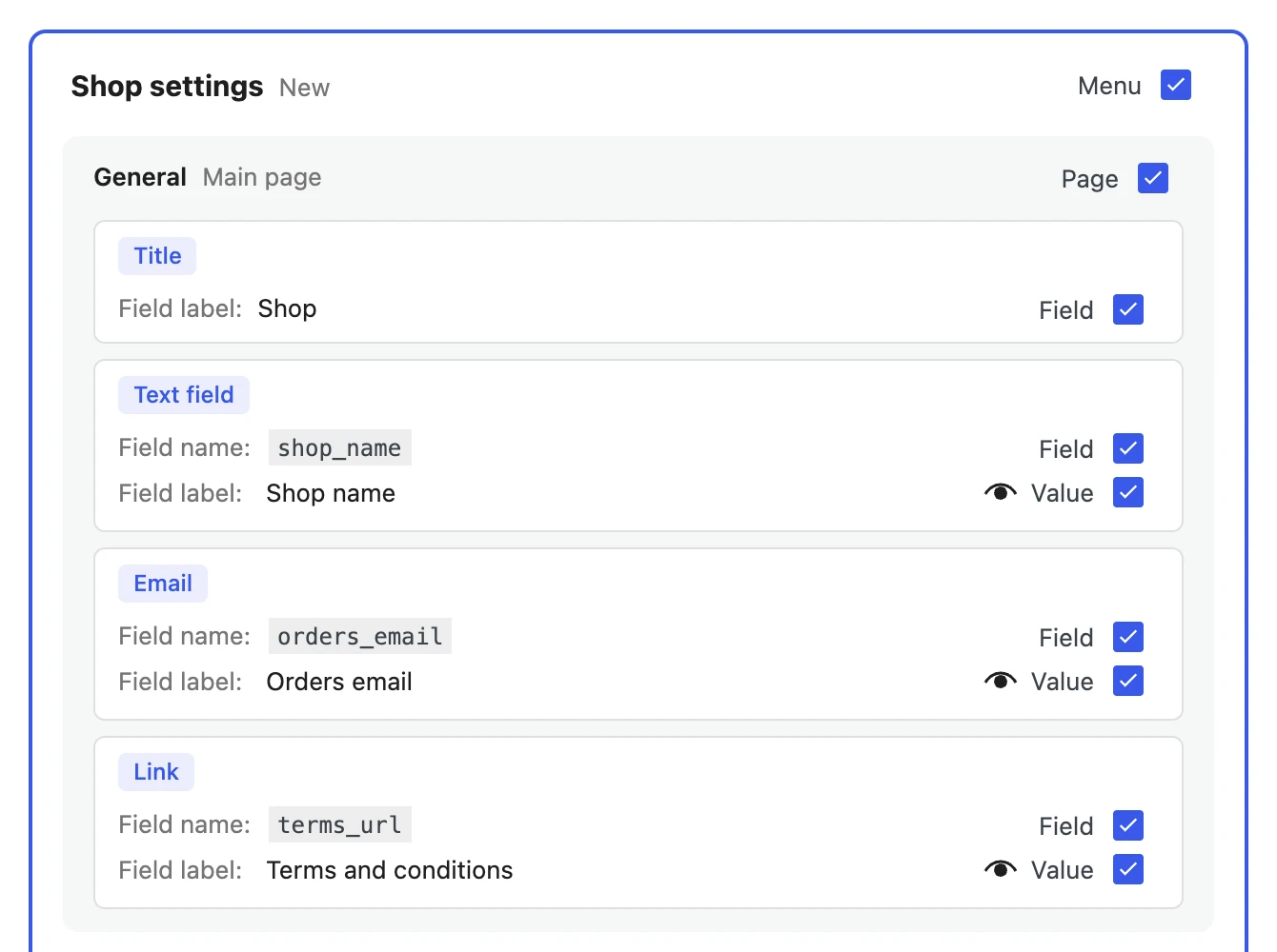 The preview of an import: a new menu with its pages, fields and values, each with a checkbox