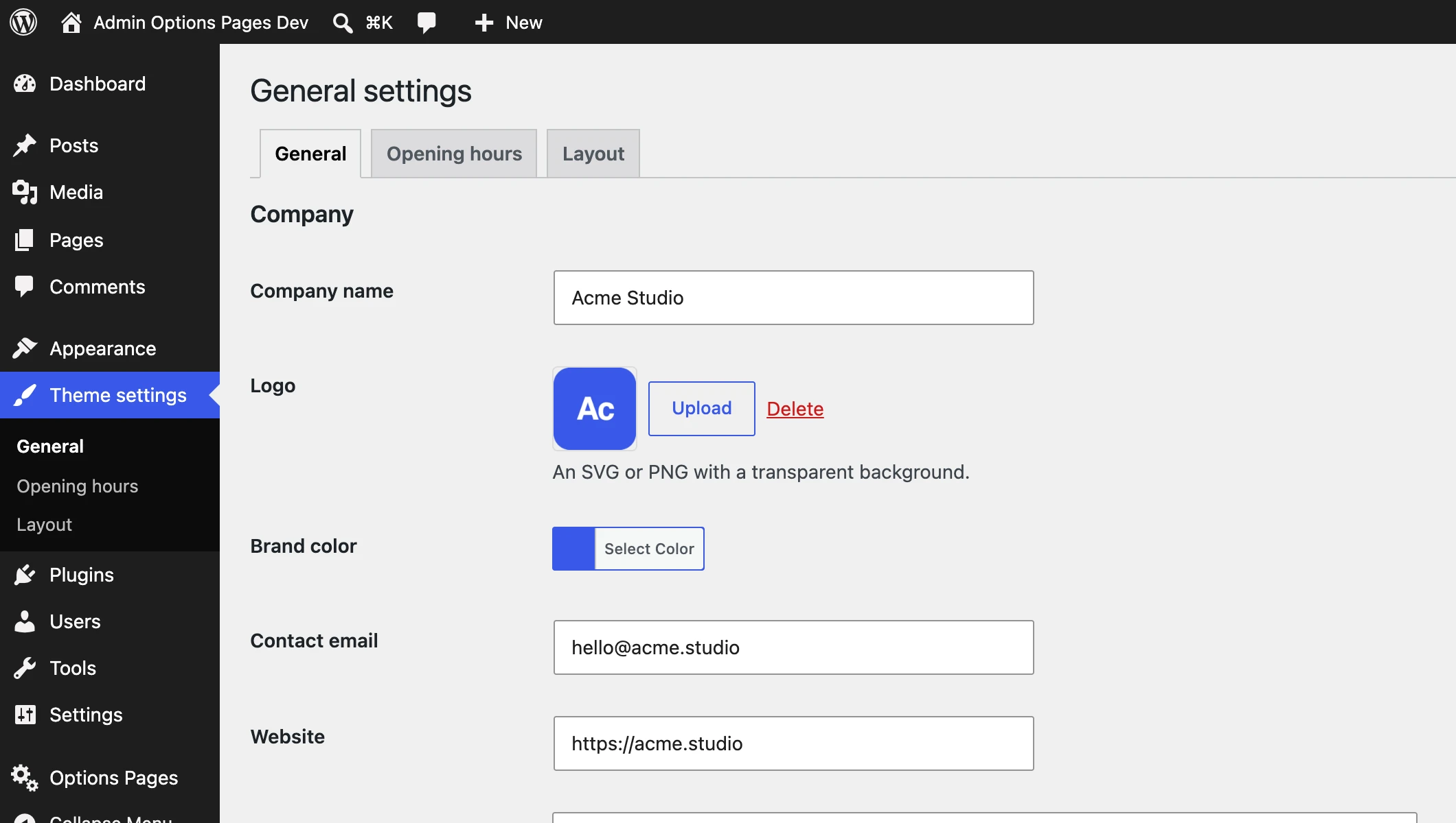 A generated options page with tabs, a logo, a brand color and contact details, in a menu of its own