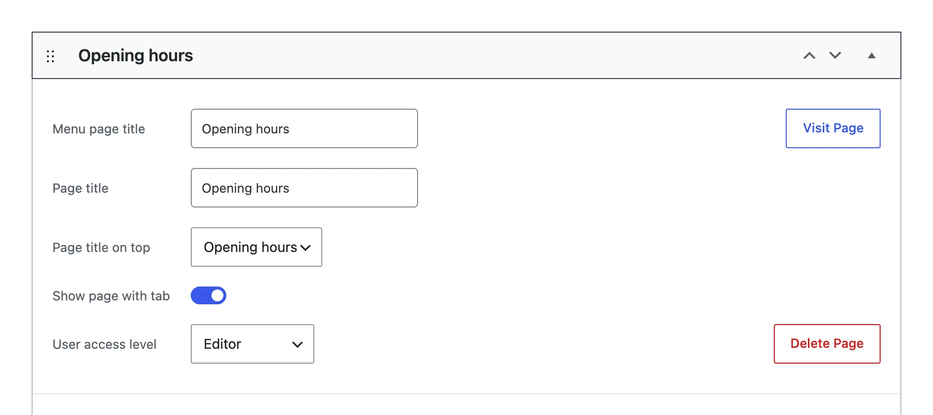 The settings of a page with the user access level set to Editor
