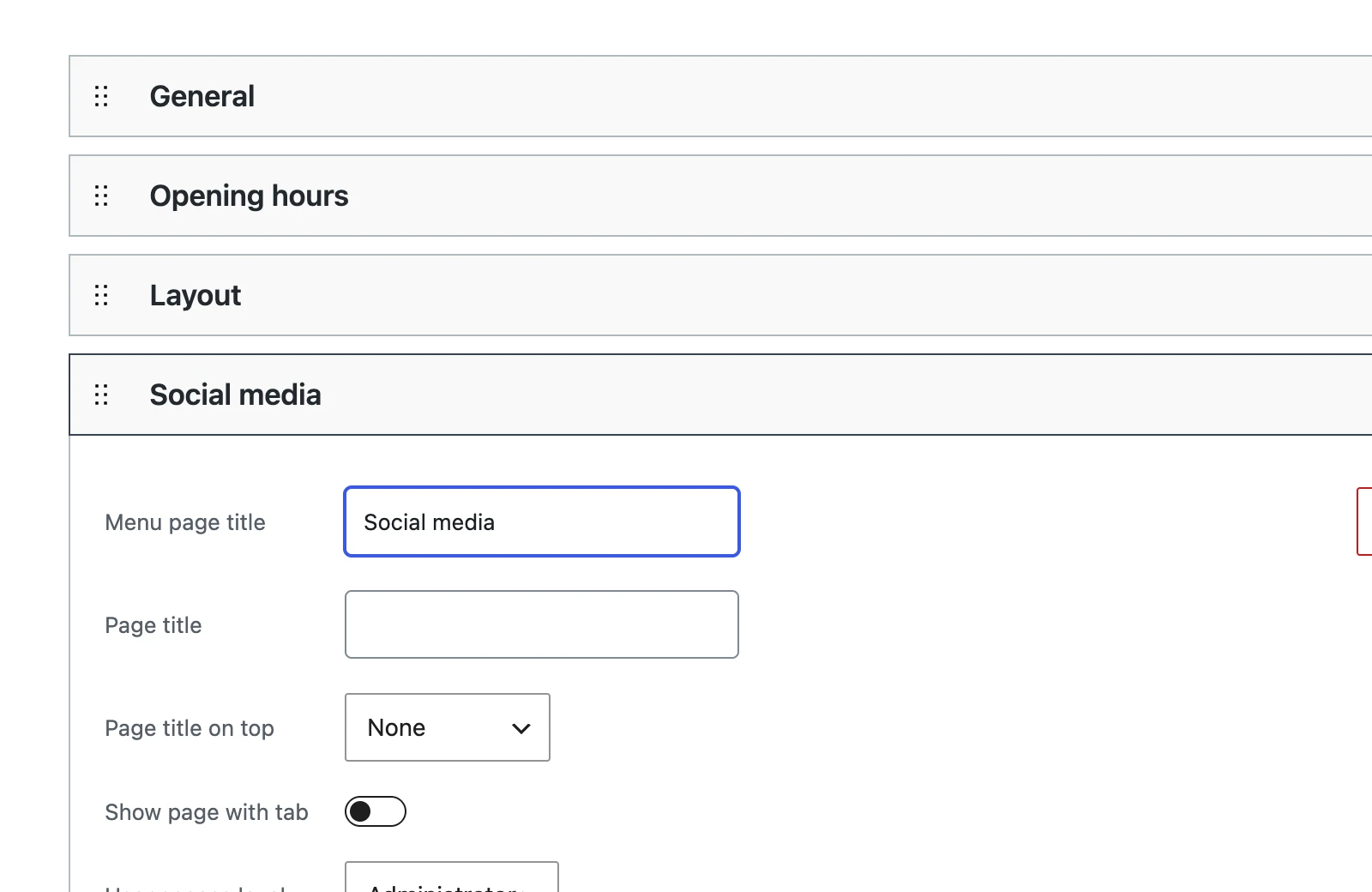 The pages of a menu in the editor, with a new page called Social media